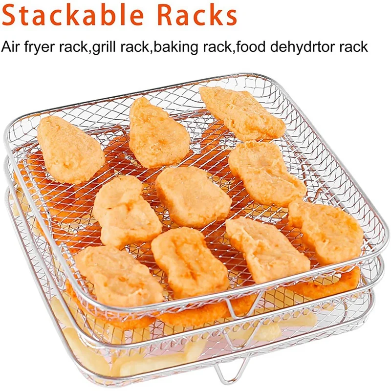8 Inch Air Fryer Rack Square Three Stackable Racks,Stainless Steel Multi-Layer Dehydrator Rack,Air Fryer Accessories