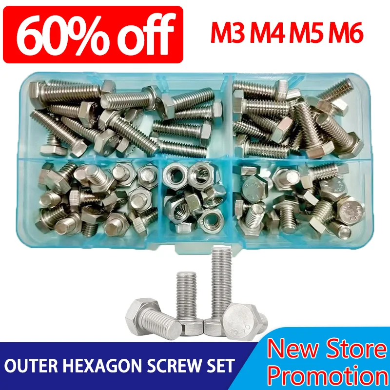 

M3 M4 M5 M6 External Hex Bolt Set with Nut Stainless Steel Bolt and Nut Set Hexagon Head Screw Kit for Bicycle Nut and Bolt Set