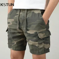 Men Summer Cargo Shorts Pants Elastic Waist Camouflage Shorts Multi-Pockets Casaul Straight Cut Drawstring Trendy Beach Shorts 1