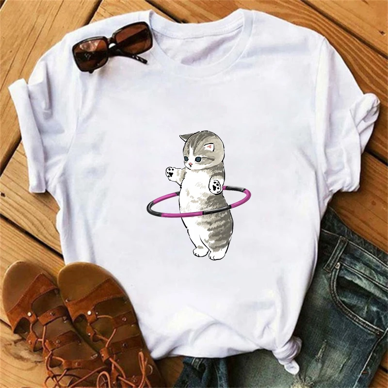 

Trend Kawaii Cat Woman Print Fun T-shirt Girl Animal Y2K fashion 90's print top T-shirt Girl black White clothes, drop boat