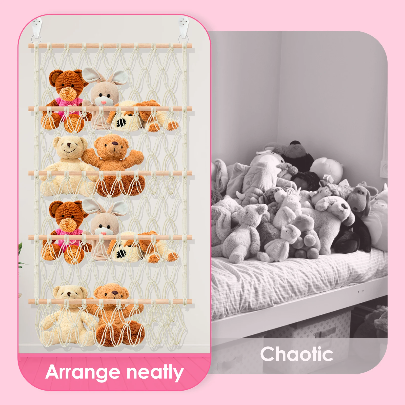 Storage Net Stuffed Toy Storage Hammock 4-Layer Large Capacity Hand-Woven Cotton Rope Hanging