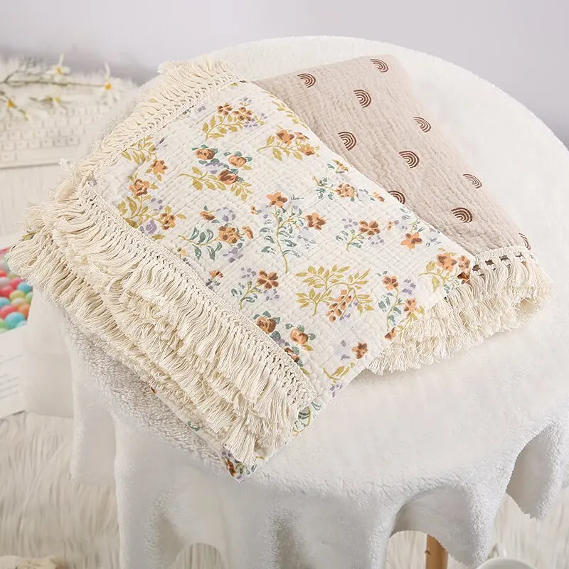 

Cotton Muslin Swaddle Blankets for Newborn Baby Tassel Receiving Blanket Toddler Stroller Wrap Infant Sleeping Quilt Bed Cover