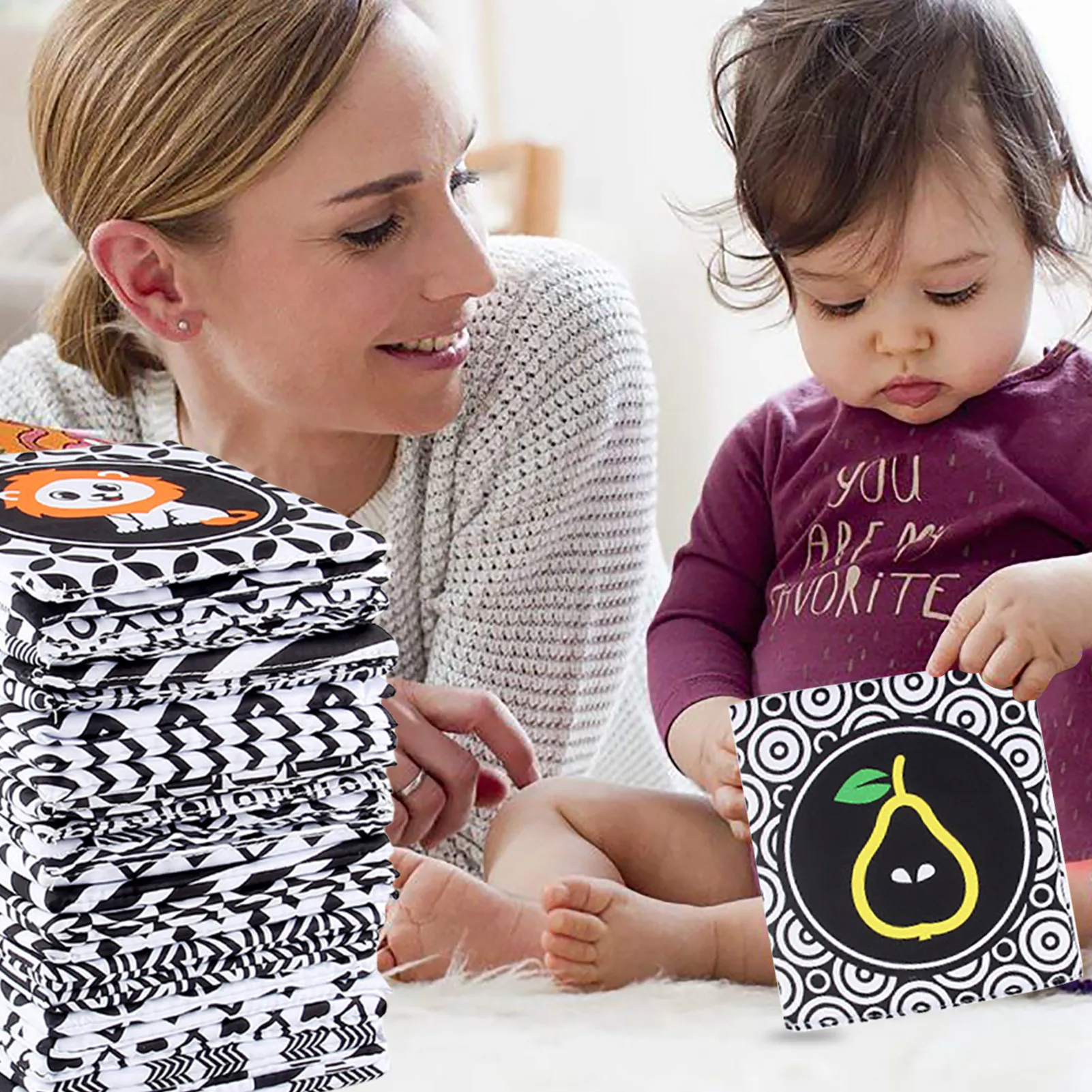 Black White Color Cards with Bag Cognitive Card Cloth Book Montessori Early Educational Baby Visual Training Infant Newborn Gift