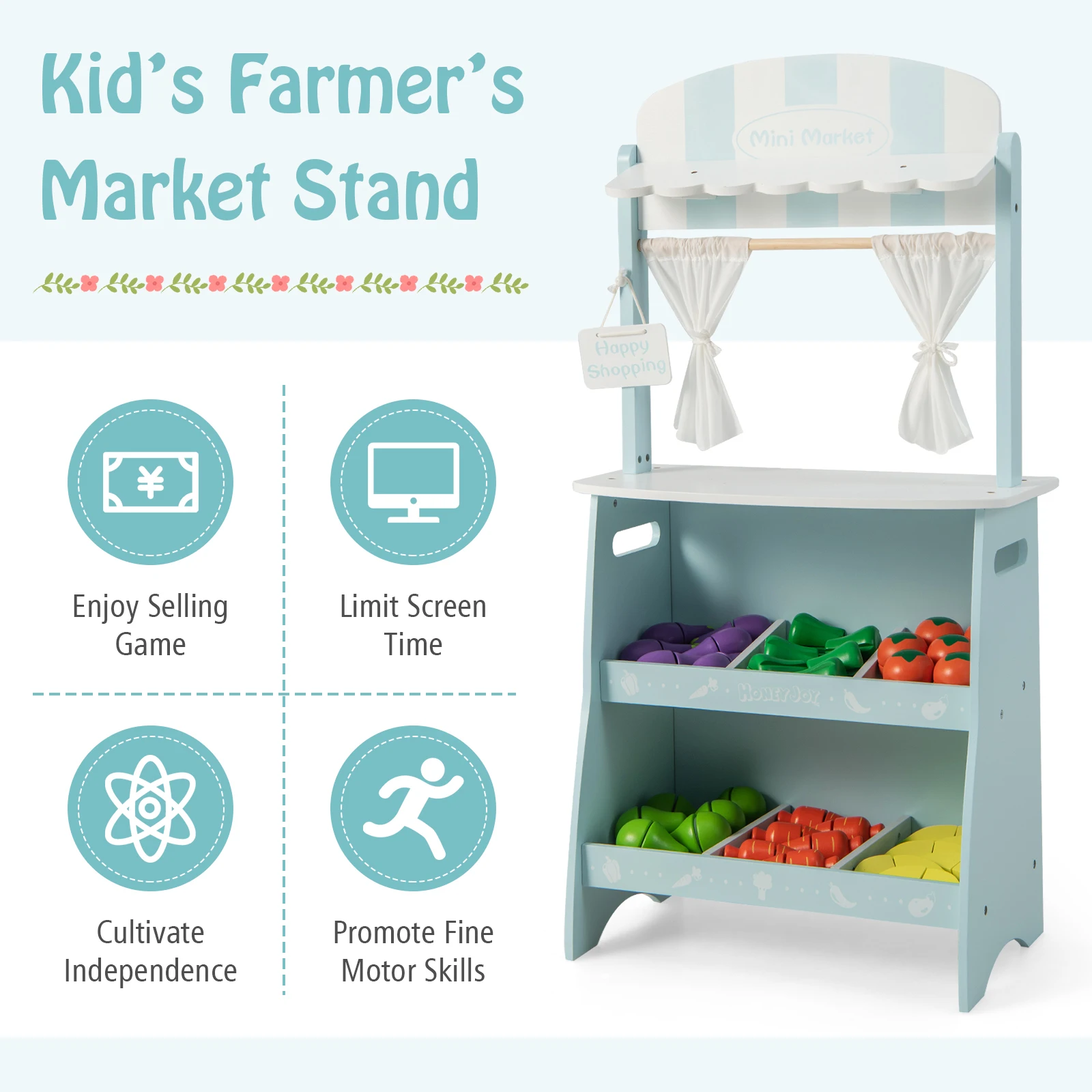 Kid's Farmers Market Stand Wooden Grocery Store Set w/ Cutting Veggies & Fruits 4