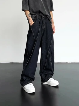 2025 Men HipHop Distressed Jeans Pants Men Ripped Patchwork Denim Pants Male Oversized Loose Casual Streetwear Wide Leg Trousers 1