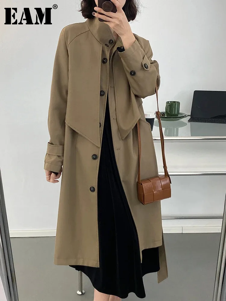 

[EAM] Women Khaki Irregular Big Size Trench New Stand Collar Long Sleeve Windbreaker Fashion Tide Spring Autumn 2024 1DH0483