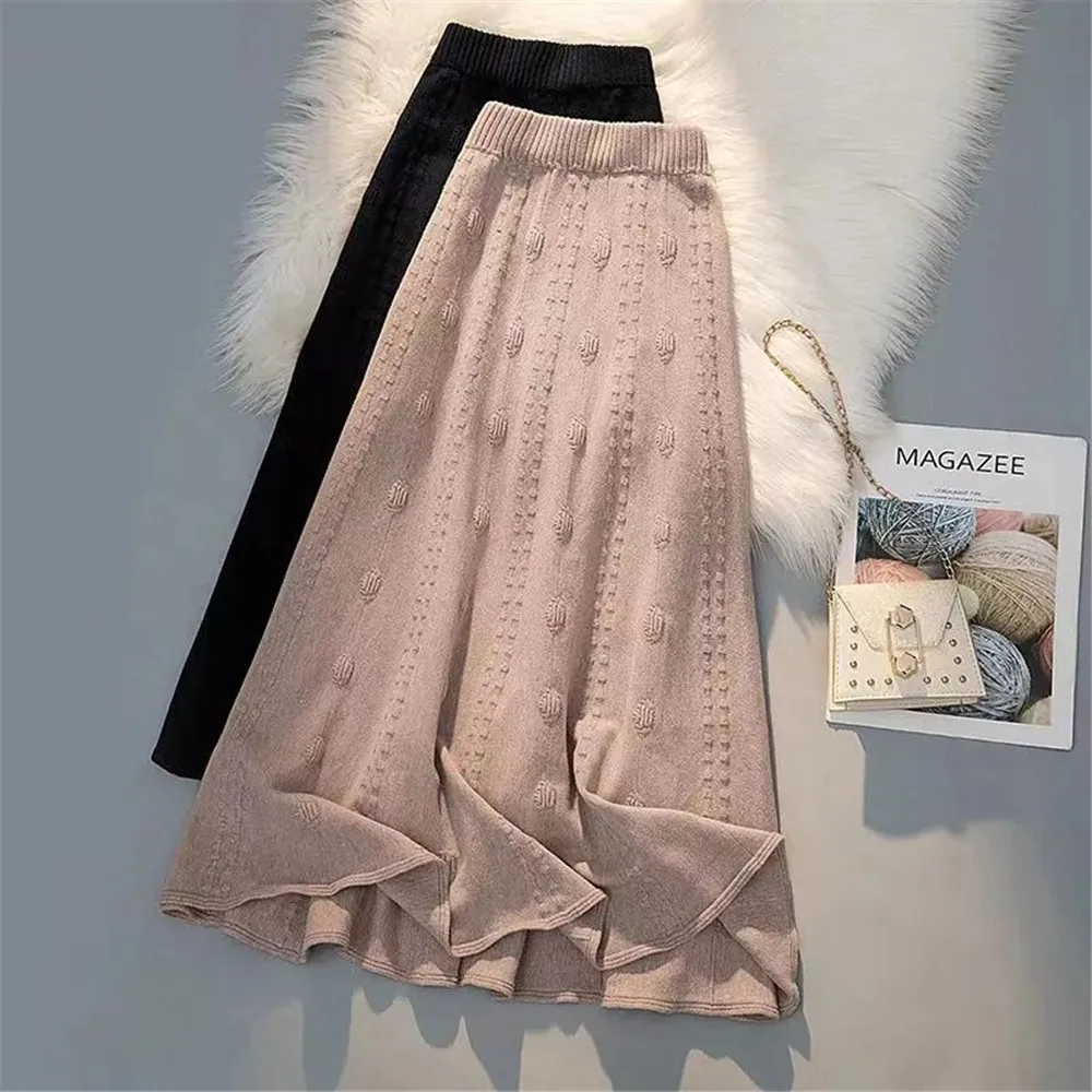 

Женская жаккардовая трикотажная юбка, однотонная трапециевидная длинная юбка средней длины с высокой талией, Осень-зима