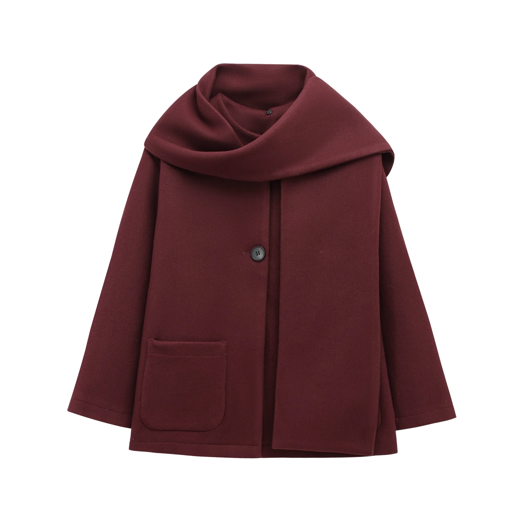Women Winter Fashion Scarf O-Neck Woolen Coat Long Sleeve Commute Straight Cut Single Button Jacket Ladies Elegant Outerwear