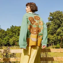 

Elegant Embroidery Sunflower Van Cardigan Sweaters Gogh Women Luxury Sleeve Sweater Knitwear Tops Knit Vintage Streetwear Vinta