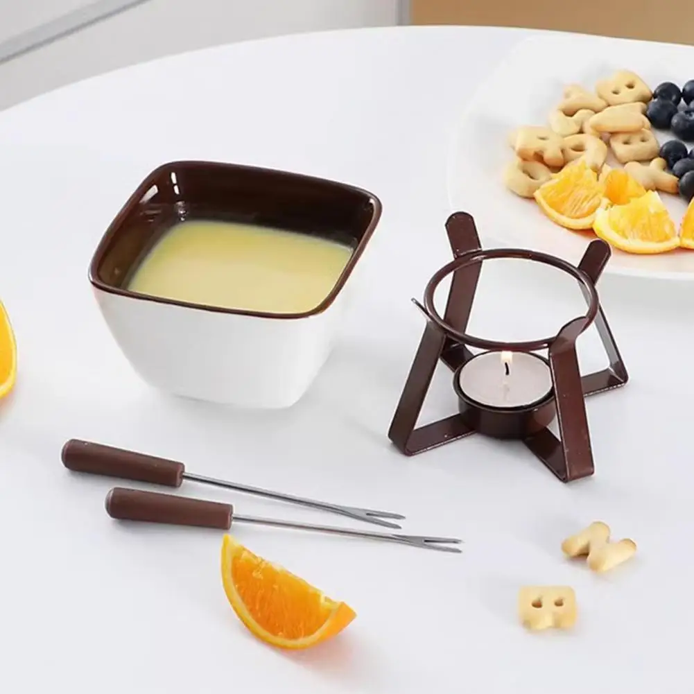 Chocolate Fondue Mugs Set with Forks 300ml Ceramic Melting Pot Set for Chocolate Cheese Butter Tealight Candle Fondue Pot