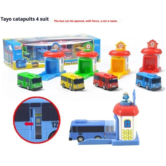 Tayo The Little Bus 1004/ 2004 Playset 4pc/Set Launch Pad Set Cartoon Car Toy Tayo Pull-Back Car Large Size With Openable Doors 2