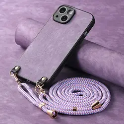 Elegant Chain Crossbody Leather Phone Case with Lanyard - iPhone 15 Plus (PURPLE)