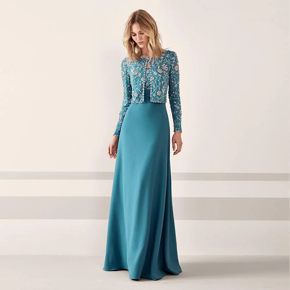 Exquisite Mother of the Bride Dresses Blue Scoop Neck Sleeveless Beading Floor-Length 2 Pieces Evening Mother Gowns