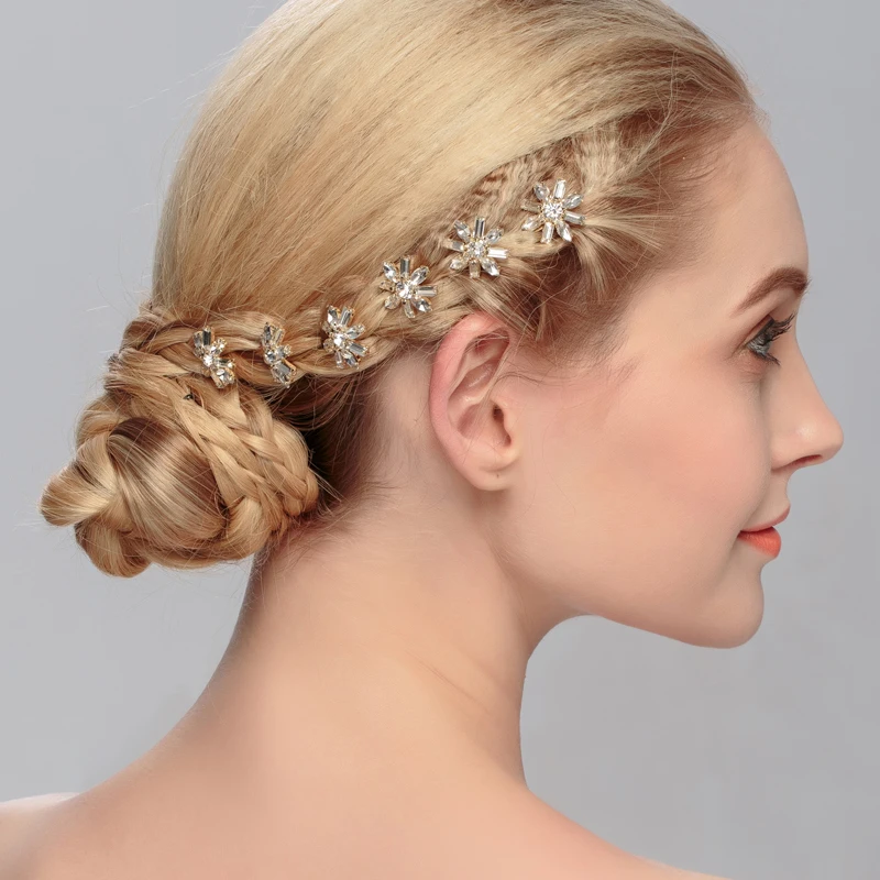 Fashion 6pcs/lot Bridal Hair Pin Flower Pattern Crystal Hair Combs Clear Rhinestones Stick Wedding Jewelry Accessories