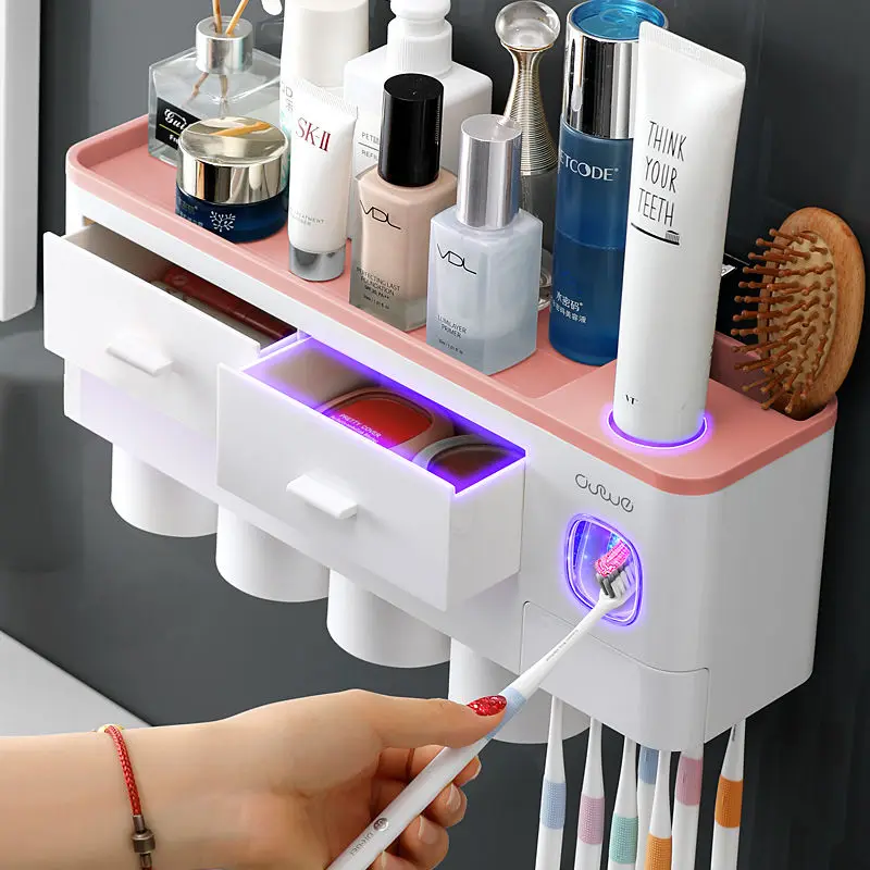 Magnetic Adsorption Inverted Toothbrush Holder Automatic Toothpaste Dispenser With Cup Toothpaste Bathroom Accessories Set