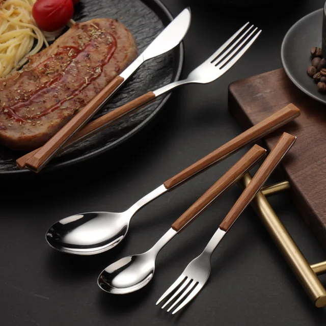 304 Stainless Steel Tableware with Wooden Handle Spoon Steak Knife Fork Teaspoons for Home Kitchen Dinnerware Cutlery Utensils 3