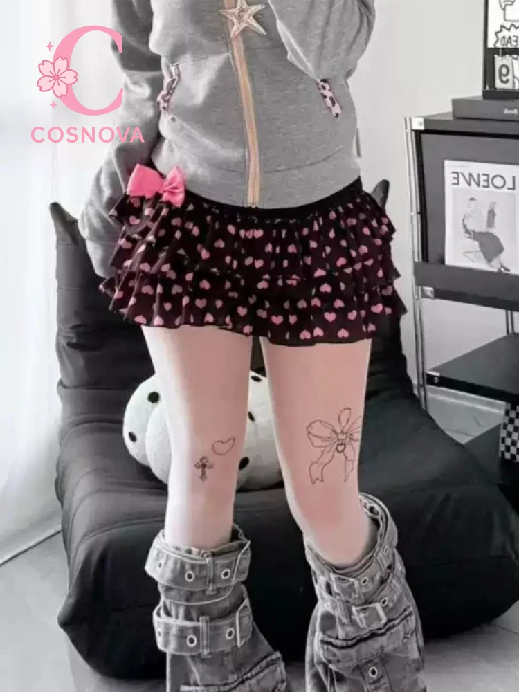 Y2K Aesthetic Heart Print Puffy Mini Skirt High Waist Pumpkin Shorts A-Line Skirt with Safety Pants Slim Fit Japan Cute Outfit