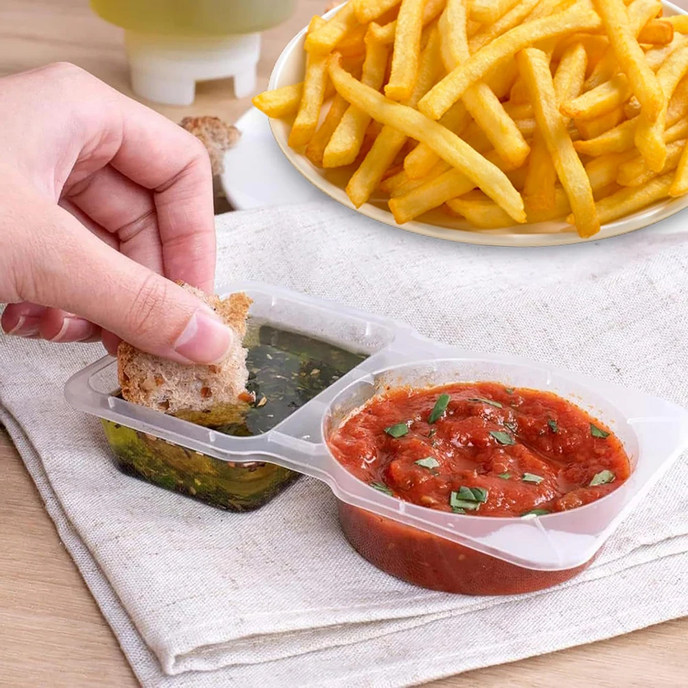 Disposable Seasoning Container with Lid Portable Snack Containers Double Compartment Sealed Plastic Portion Cup for To-Go Sauces