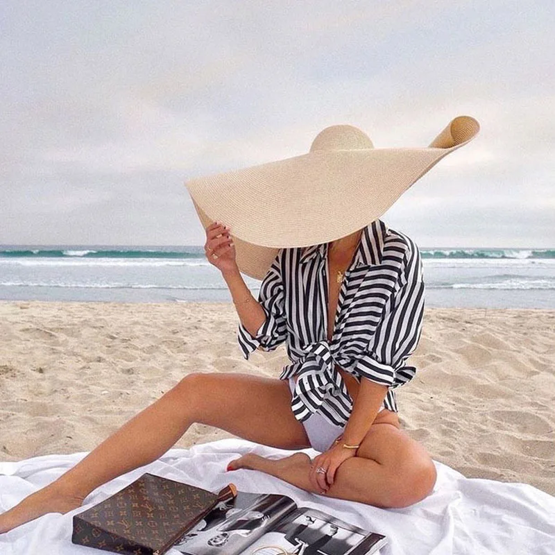 New Summer 25cm Wide Brim Oversized Beach Hats Fashion for Women Uv  Protection Foldable Straw Hat Vacation Portable Panama Cap