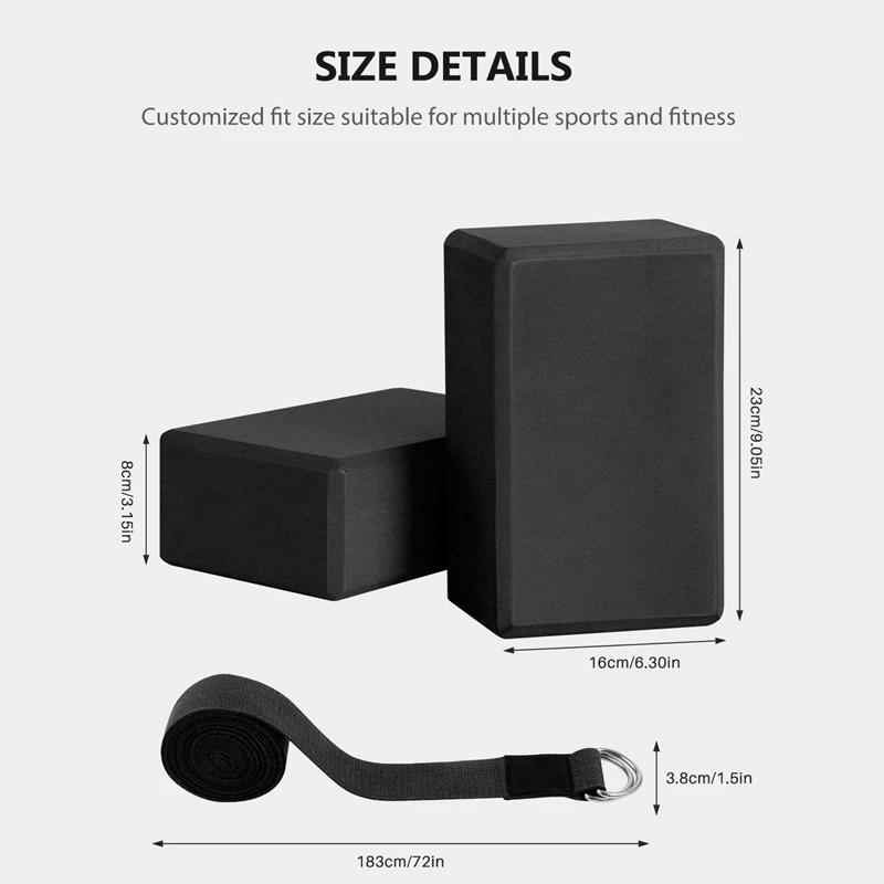 6X Yoga Block And Yoga Strap Set EVA Foam Soft Non-Slip Blocks Universal Pilates Stretching Black