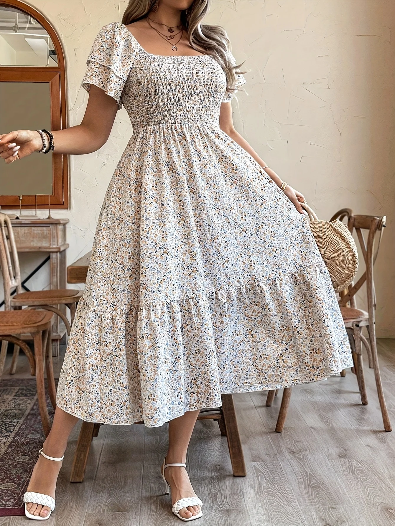 Plus Size Romantic Floral Print Square Neck Elastic Waist A-Line Hem Sleeve Long Dress for Women Holiday Casual Dress