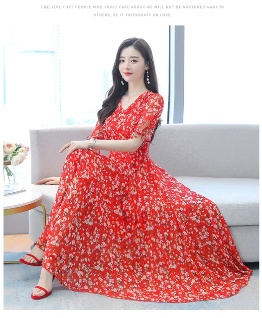 Chiffon Summer Casual Long Dresses Clothes For Women 2023 Yellow Beach  Elegant Floral Red Maxi Dress Korean Fashion Evening Prom - AliExpress