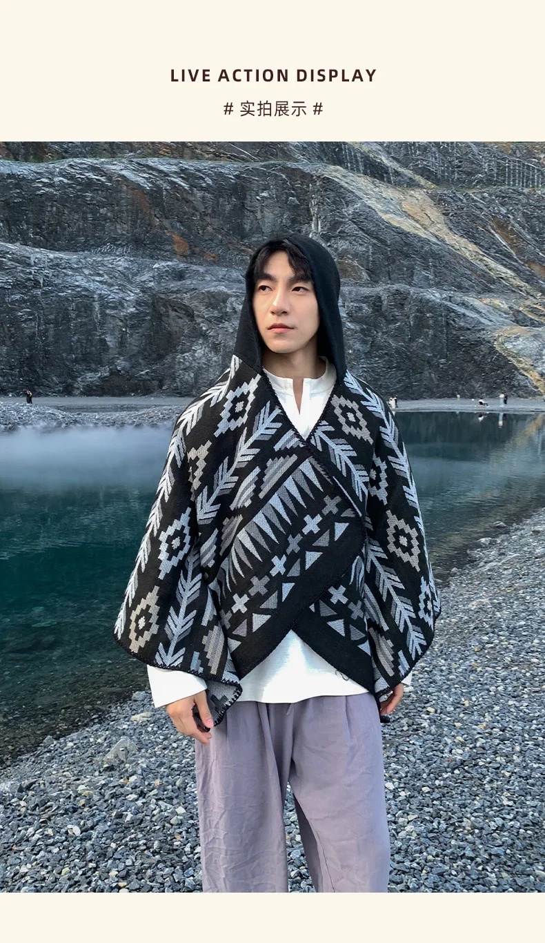 Poncho Herren Imitation Kaschmir Neue Tourismus Umhang Männlich Kapuzenwärme Schal Große Größe Druck Oberbekleidung Herbst Winter Umhänge Schals – Detail 9