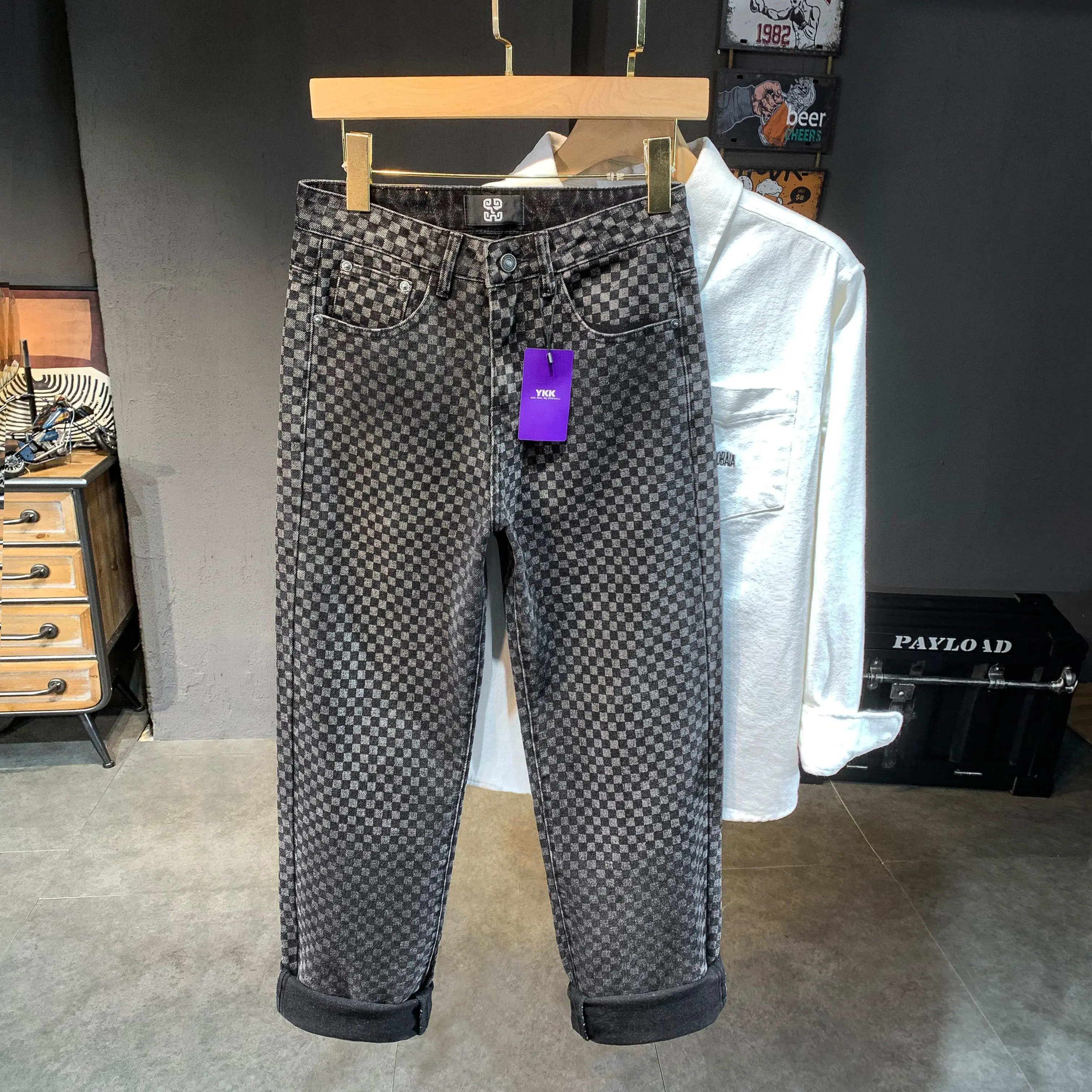 Glenchec Pattern Printed Jeans For Men Loosen Fit Mid Rise Wide Leg Casual Trousers Male 3