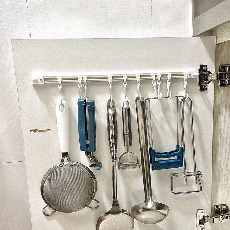 30/40cm Kitchen Rail Sliding Hook with 10pcs S Hooks No Punch Adhesive Cabinet Wall Hanging Hooks for Home Storage Key Organizer