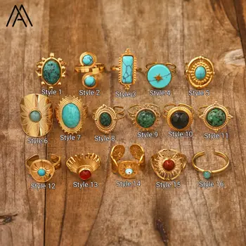 Anelli in acciaio inossidabile per donna Anello vintage in pietra naturale con ciondoli turchese Gioielli uomo donna