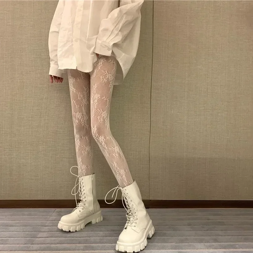 Description Picture 5 of itemWomen Fishnets Tights Sexy Lolita Hollowed Lace Stockings Fishnet Floral Elasticity Slim Pantyhose Woman High Waist Tights