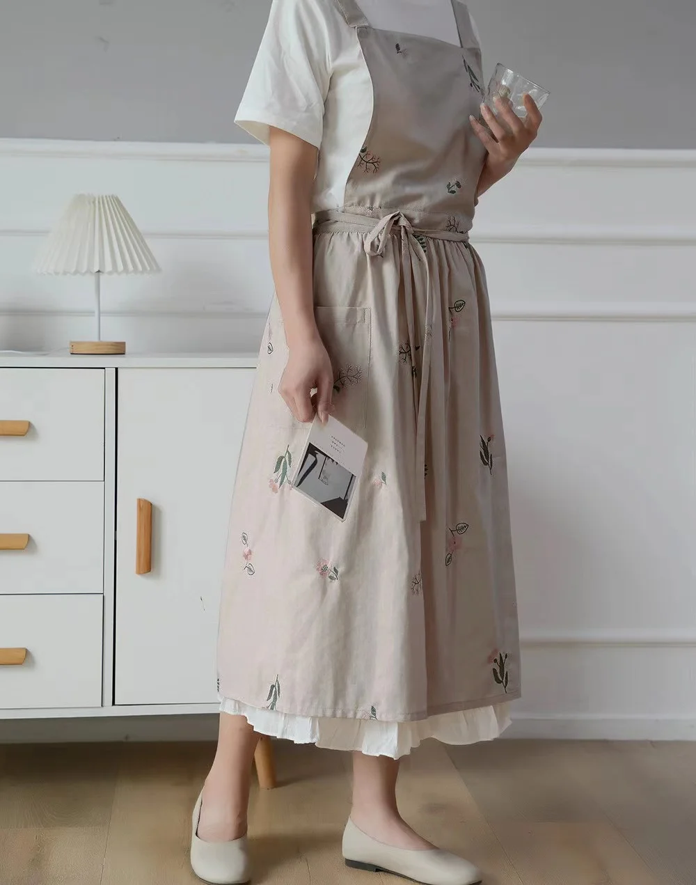 Embroidered Cotton Pinafore Apron Dress with Pockets