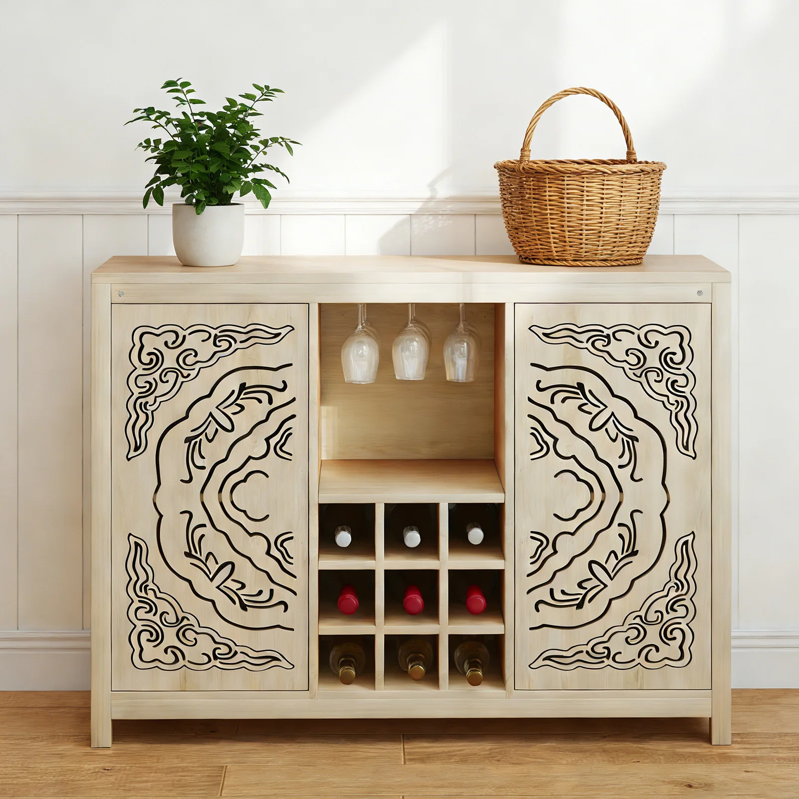 NEW Wine Bar Cabinet with 2 Doors MDF et Storage Liquor Cabinet Wine Rack and Glass Holder for Living Dining Room Kitchen