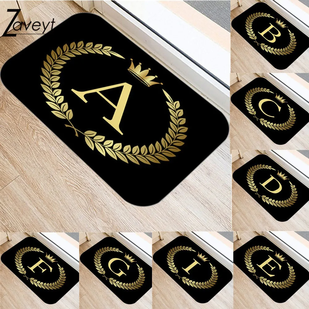 

Black Golden Crown Leaf 26 Letter Alphabet 40*60cm Kitchen Entrance Door Mat Coral Velvet Carpet Doormat Indoor Floor Mats 50x80