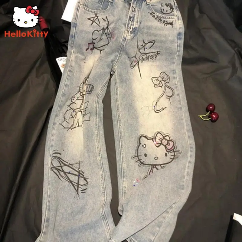 

Y2K аниме мультфильм Hellokitty граффити Печать Горячая дрель широкие джинсы женские американские ретро тонкие прямые длинные брюки милый подарок