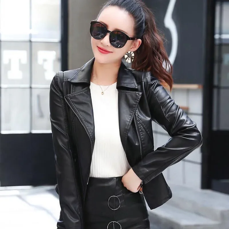 1pcs Women's Short Jackets Coat 2024 Spring New Fashion PU Leather Faux Fur Zipper Splicing Black Ladies Skinny Locomotive Coats