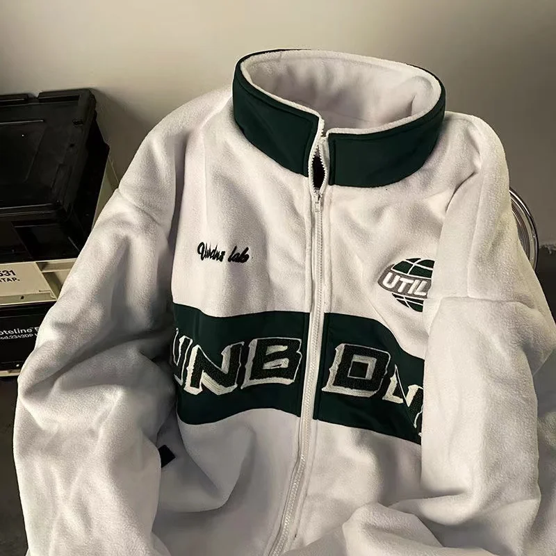 

2023 new American retro hiphop thick lamb plush jacket female spring couple loose ins Hong Kong style high street cotton jacket
