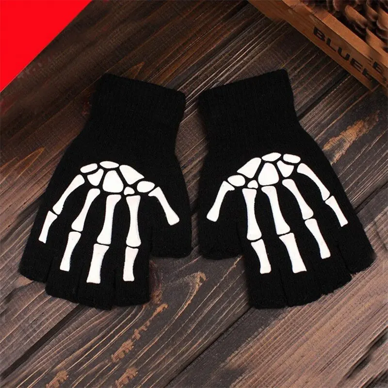 Guantes Sin Dedos Con Calavera Y Esqueleto Brillan En Oscuro Para Niños De 5 A 12 Años, Perfectos Para Halloween Y Cosplay, Tejido Acrílico Cálido Y Transpirable
