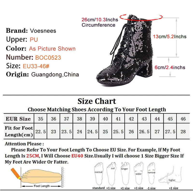 Shiny Ankle Boots Women 6cm Chunk High Heels Side Zipper Lace Winter Party Ladies Shoes Gold Sequined Short Boots Large Size 46