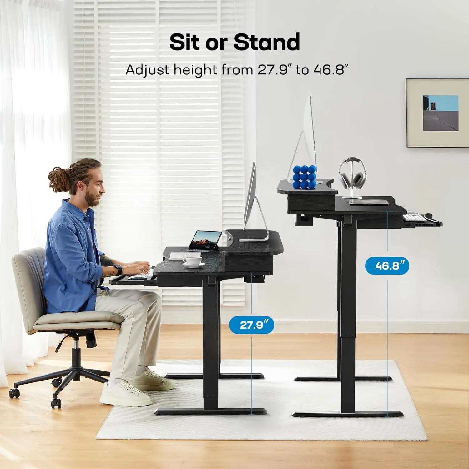 HUANUO 48" x 26" Electric Standing Desk with 2 Drawers & 26.7" Large Keyboard Tray