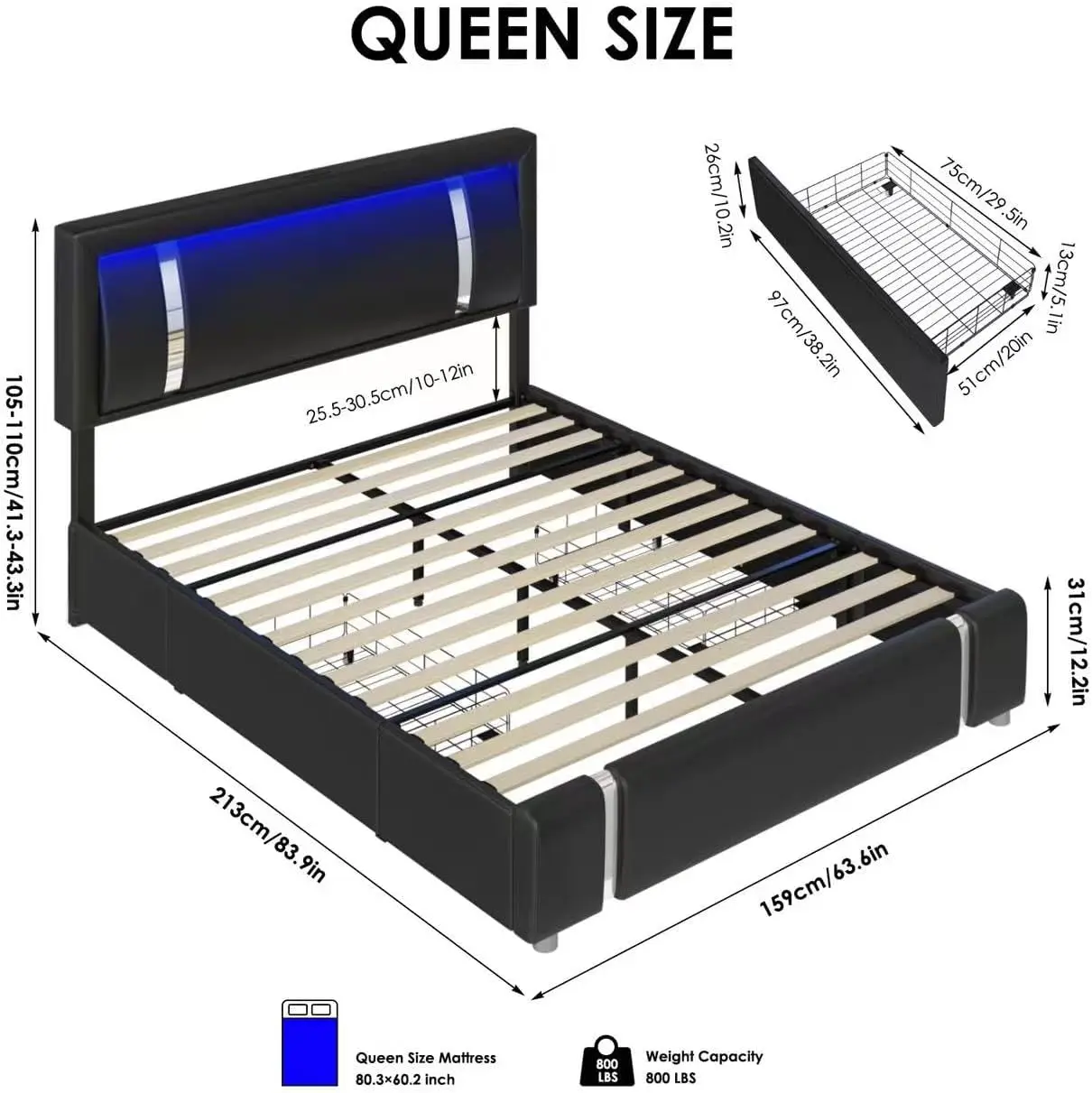 Description Picture 3 of itemQueen Bed Frame with RGB LED Lights Headboard & 2 Storage Drawers Modern Upholstered Faux Leather Platform Bed with Iron Metal