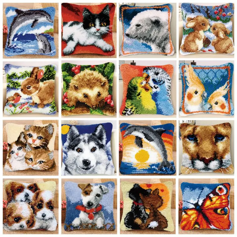 Dolphin Rabbit Animal Cute Latch Hook Mat Kits Embroidery DIY Button Pad Package Smyrna klink haak Embroidery Pillow knooppakket
