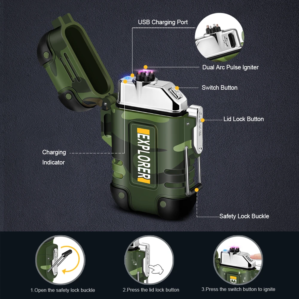 Waterproof USB Charging Electric Lighter Dual Arc Lighter Flameless Plasma Lighter Outdoor Hiking Camping Smoking Accessories 5
