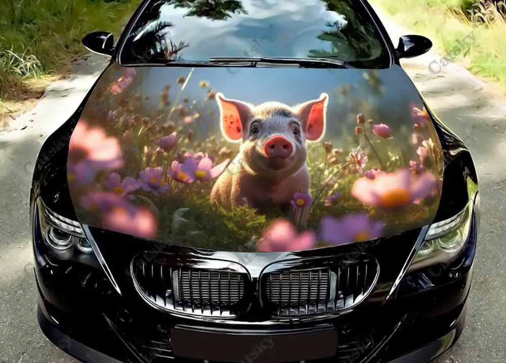 

Pig with Wildflower Car Hood Vinyl Stickers Wrap Vinyl Film Engine Cover Decals Sticker Universal Car Hood Protective Film