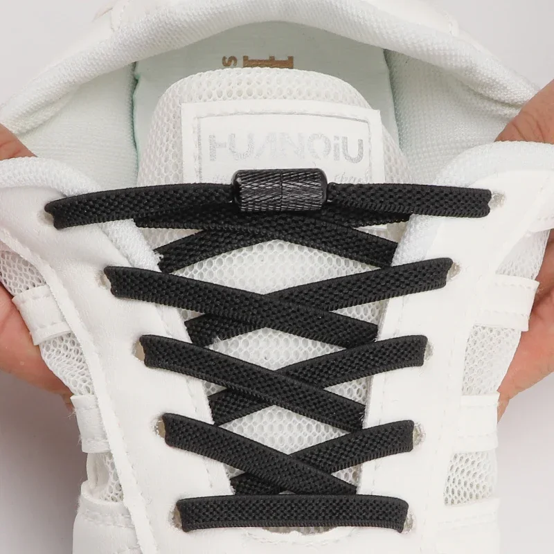 1 Paar elastische Schnürsenkel ohne Krawatten, flache Schnürsenkel, runde Metallkapseln, Schloss, Gummiband, faule Schuhe, Spitze für Turnschuhe – Detail 2