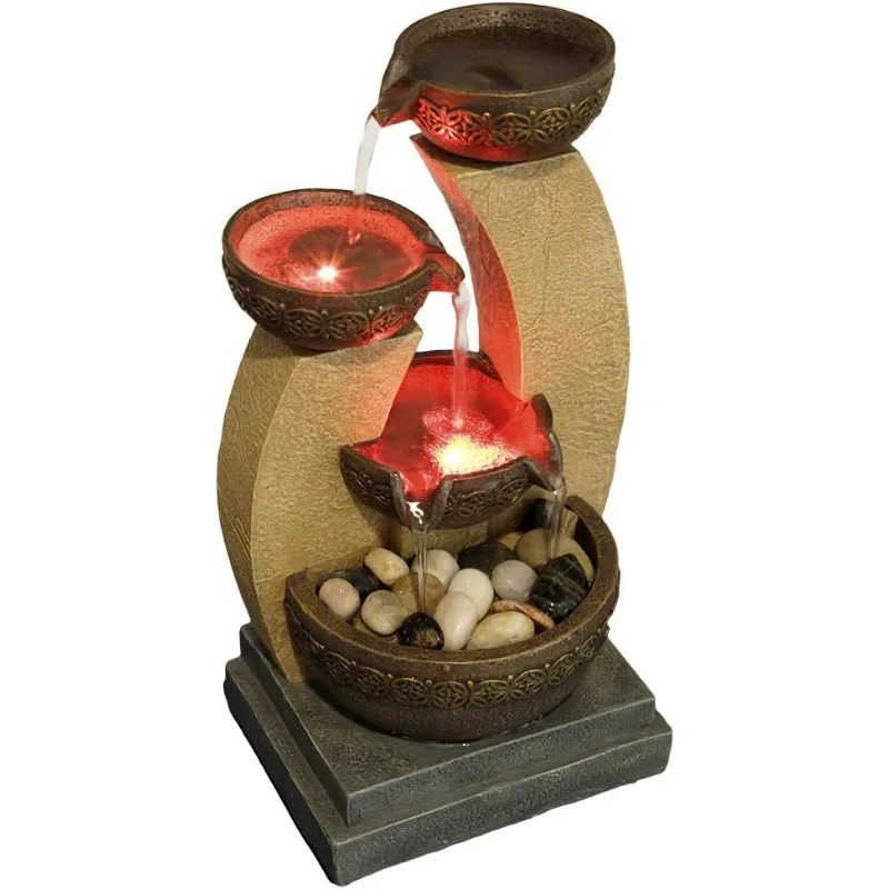 11" H Golden Tiered Bowl Fountain with Color Changing LED Lights with Adapter Brown 6