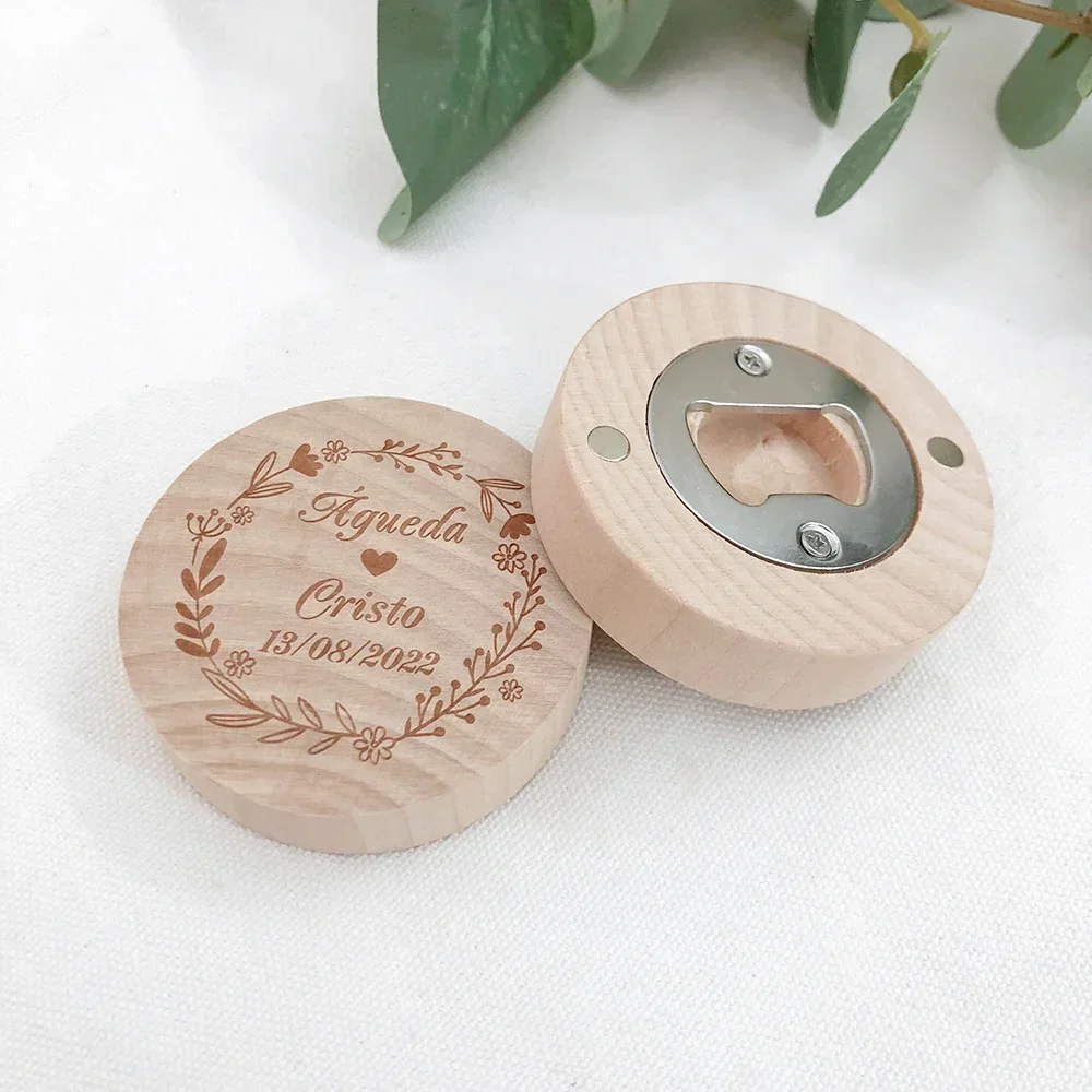 10/40pcs Personalized Wedding Favor Engraved Wooden Wedding Fridge Magnet Beer Bottle Opener Wedding Guest Souvenir Gift （No Bag