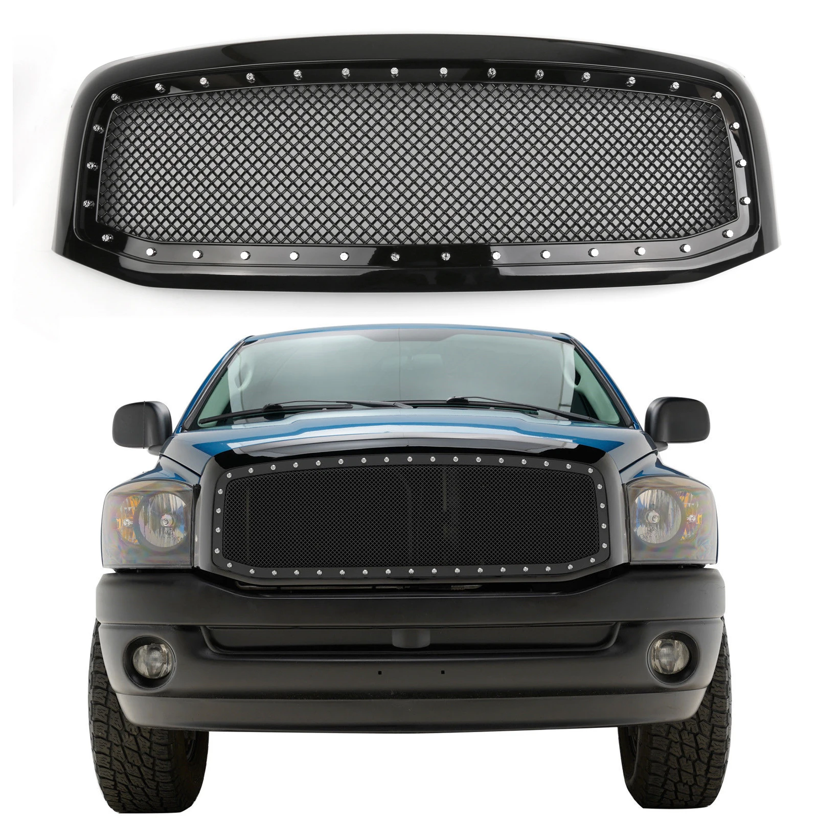 

Areyourshop Black Mesh Style Front Hood Grille w/Chrome Rivet For Ram 1500/2500/3500 2006-2008 models