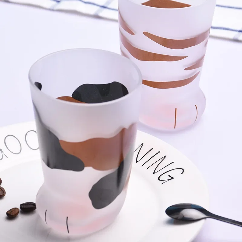 Glass Water Cup Cat Paw Frosted Glass Cup for Coffee