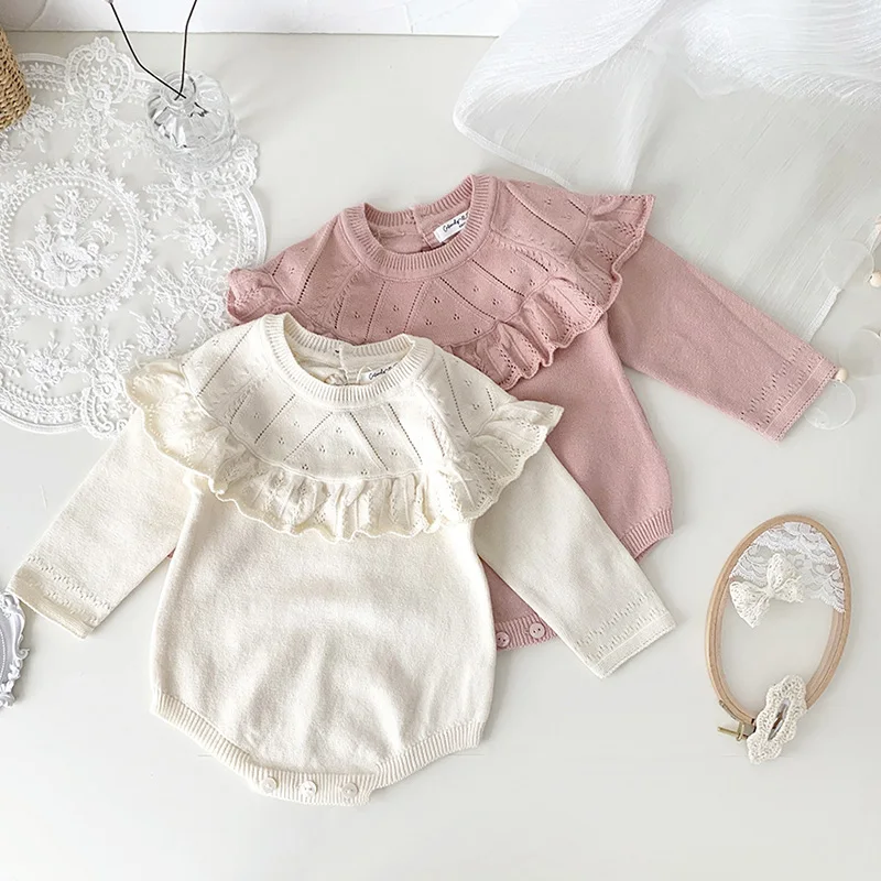 

Toddler Baby Girl Romper Long Sleeved Solid Color Knitting Infant Baby Girls Jumpsuit Spring Autumn Baby Girls Clothes